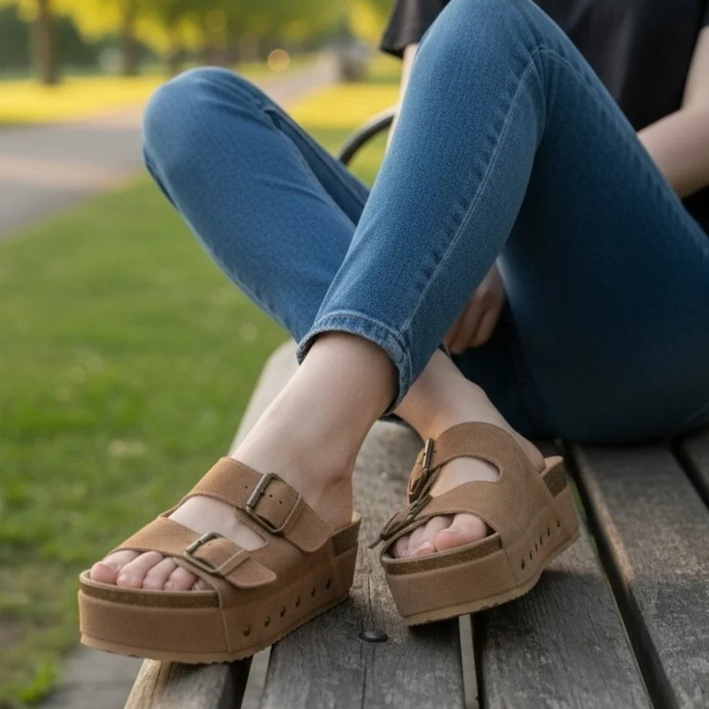 Tan Suede Double Buckle Platform Slide Sandals Brown Chunky Studded Sole 10